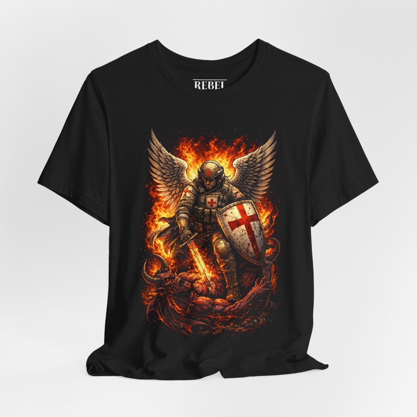 Flaming Guardian Knight T-Shirt — Dragon Slayer Shield Graphic Tee