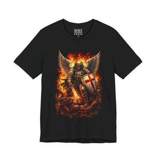Flaming Guardian Knight T-Shirt — Dragon Slayer Shield Graphic Tee