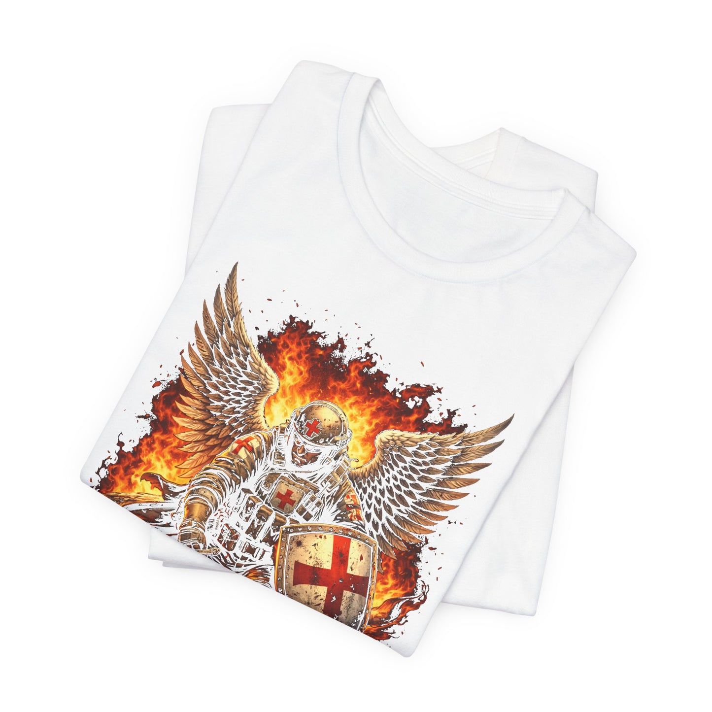 Flaming Guardian Knight T-Shirt — Dragon Slayer Shield Graphic Tee