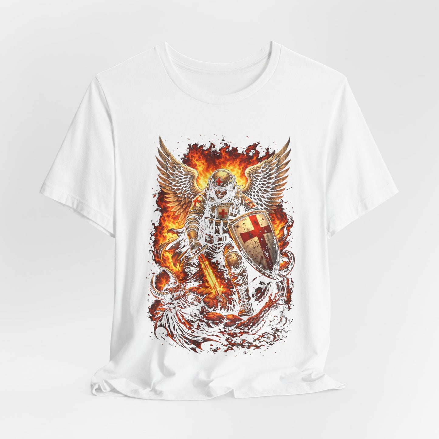 Flaming Guardian Knight T-Shirt — Dragon Slayer Shield Graphic Tee