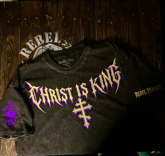 Rebel Peasants Christ Is King shirt in washed charcoal with cream and purple graphics
