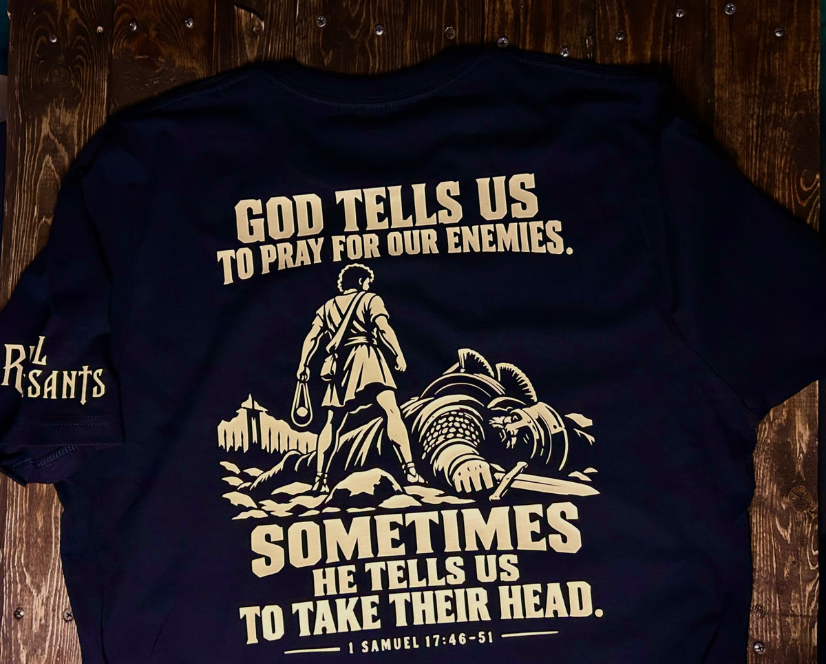Rebel Peasants David and Goliath shirt back with scripture-inspired graphic