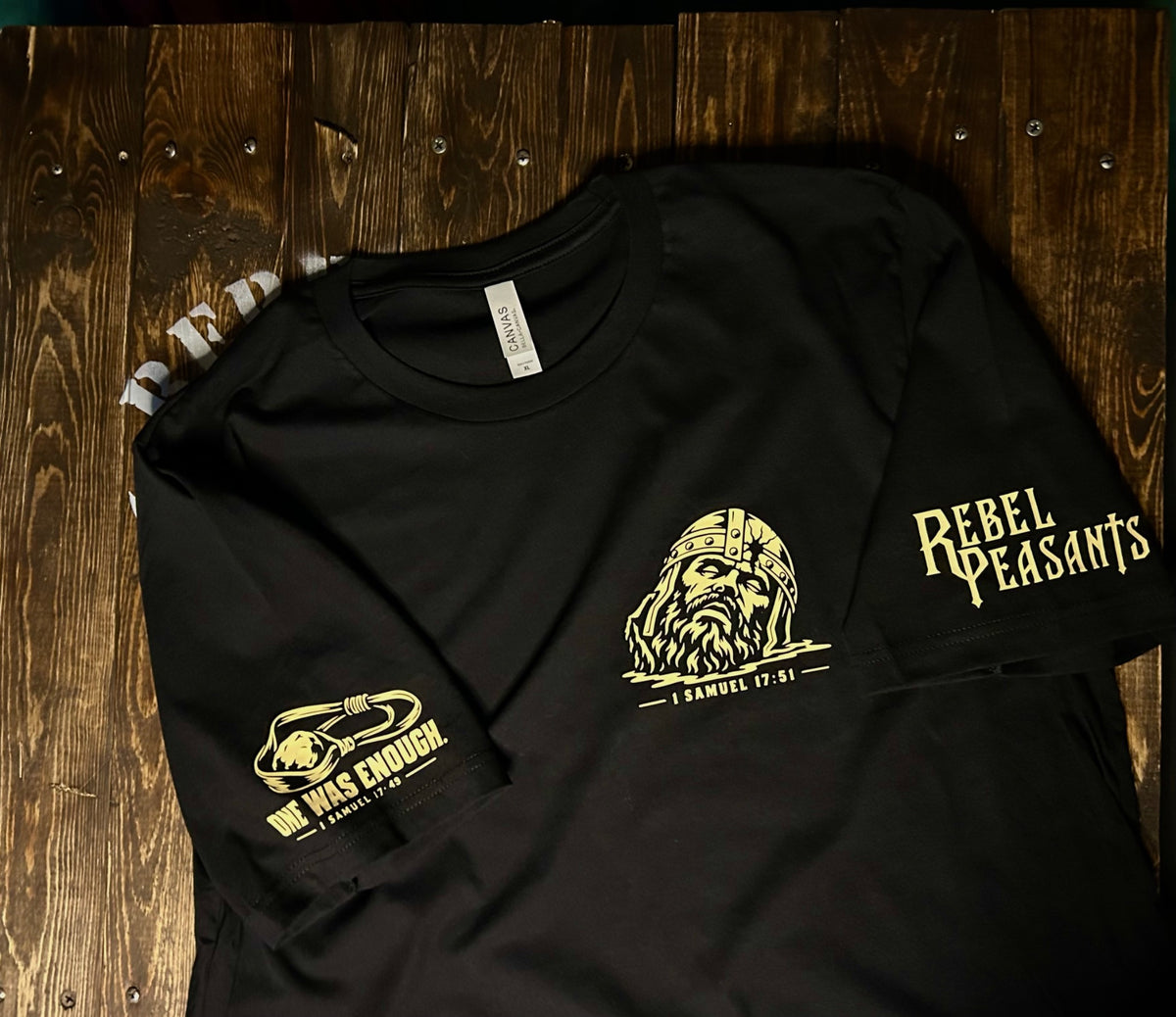 Rebel Peasants David and Goliath shirt front with warrior graphic and sleeve detail