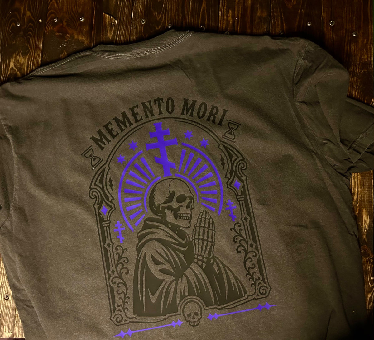 Rebel Peasants Memento Mori washed charcoal shirt back with large praying skeleton and Orthodox cross graphic