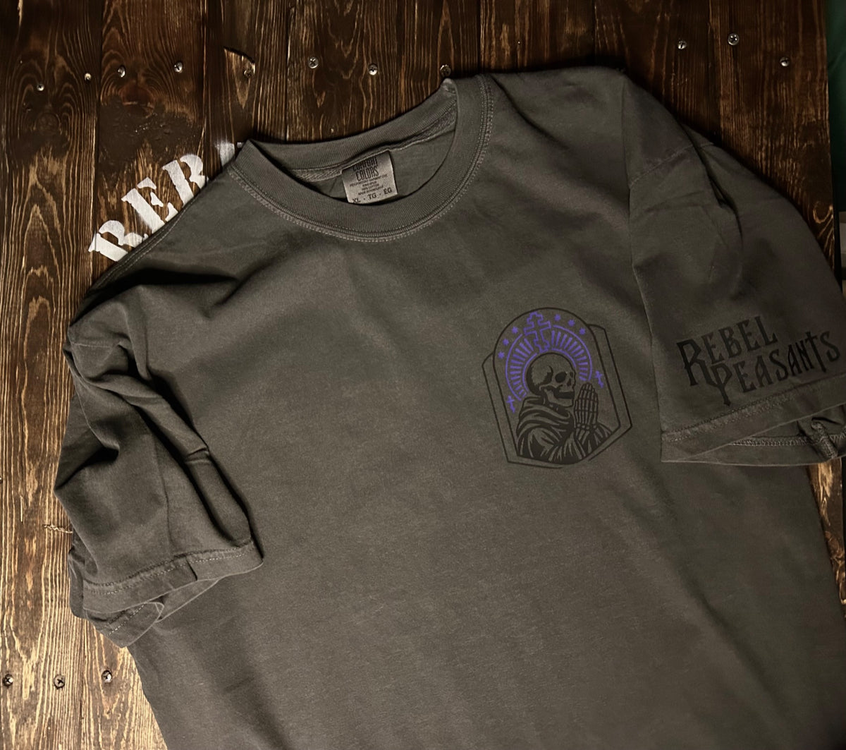 Rebel Peasants Memento Mori washed charcoal shirt front with black and purple praying skeleton graphic