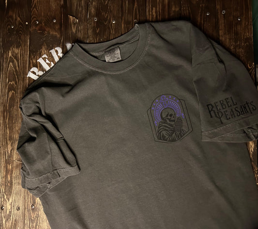 Rebel Peasants Memento Mori washed charcoal shirt front with black and purple praying skeleton graphic