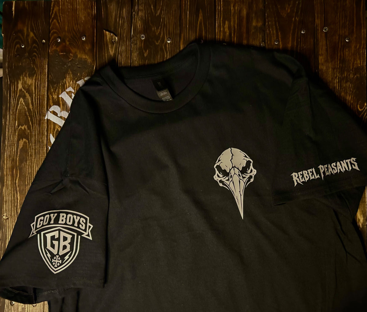 Rebel Peasants The Beak Does shirt front with eagle skull chest graphic and sleeve details